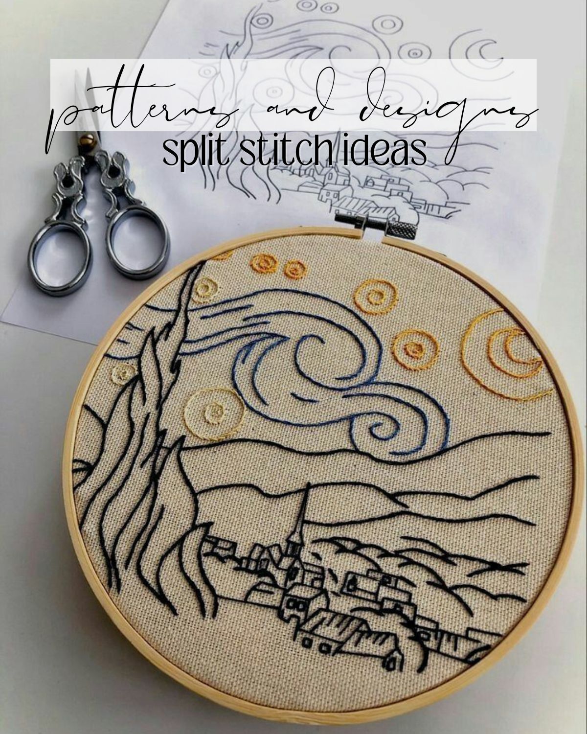 Starry night embroidery split stitch design