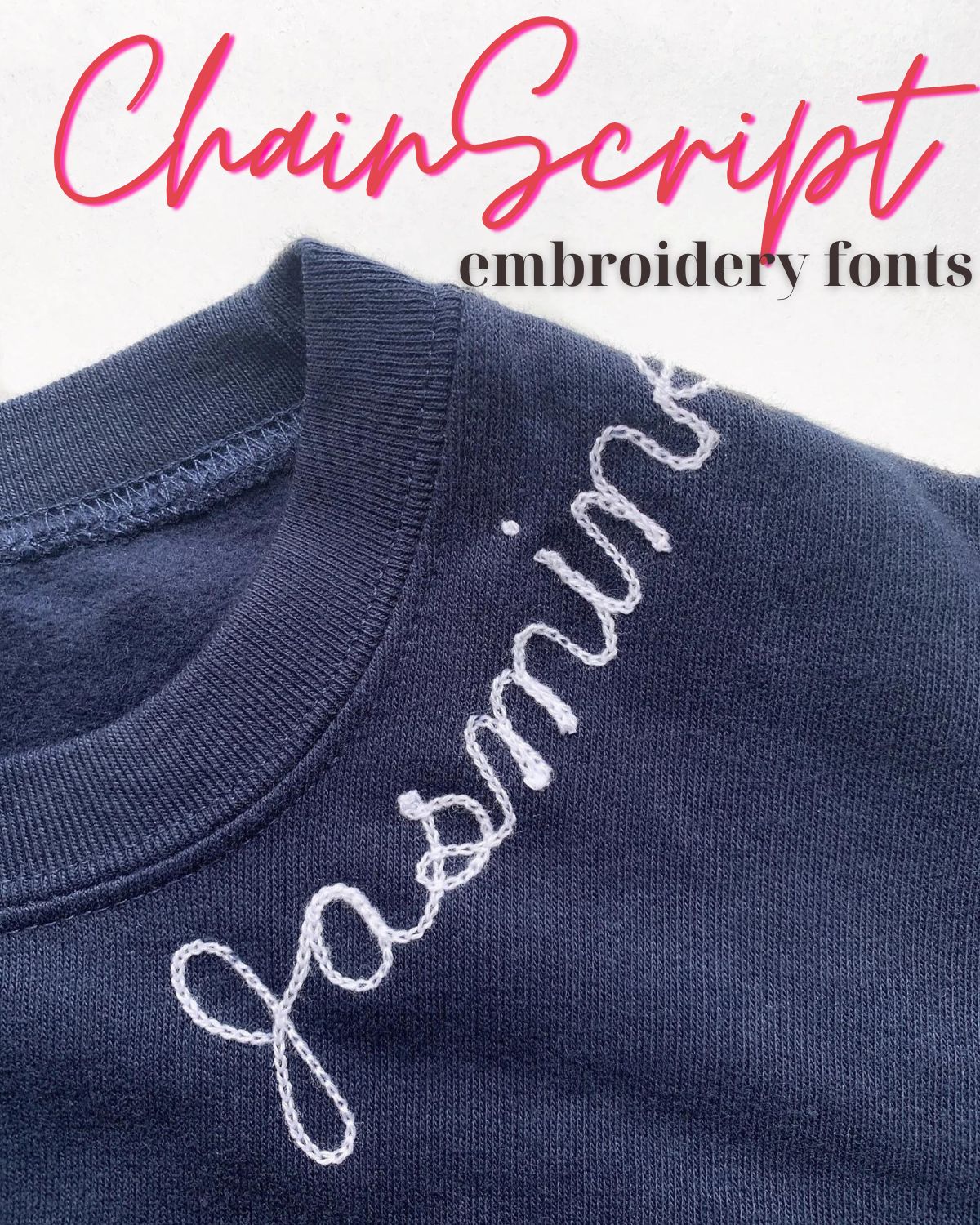 A sweatshirt with a script embroidery font