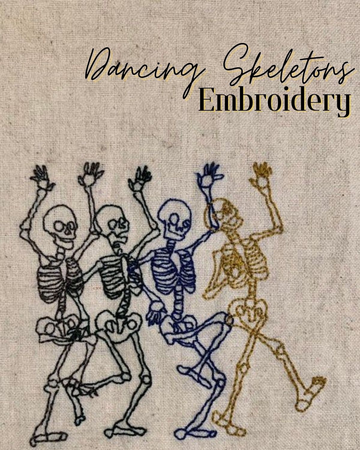 Four skeletons dancing in a line