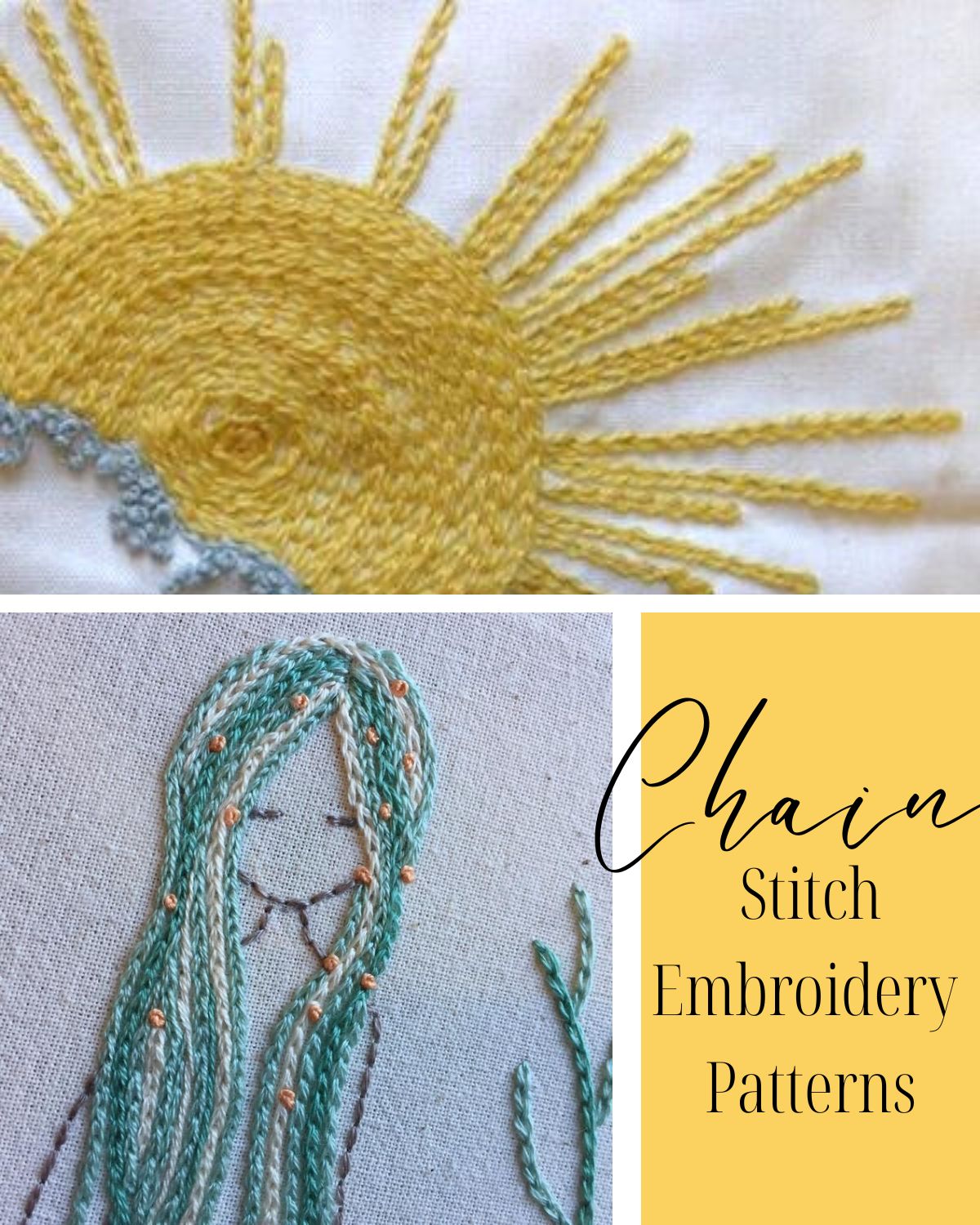 A mermaid and a sun chain stitch embroidery patterns