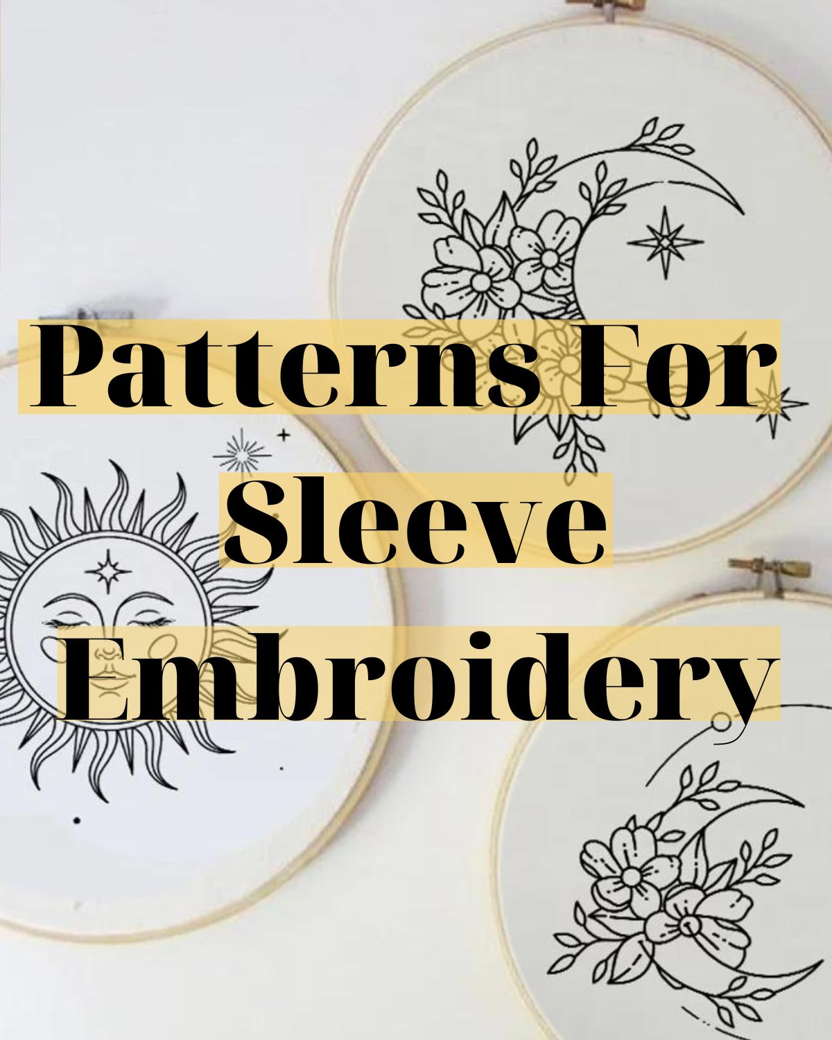 Embroidery patterns on hoops. Celestial designs