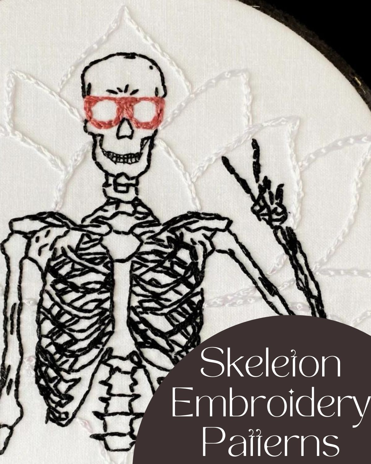 An embroidered skeleton with sunglasses and peace sign 