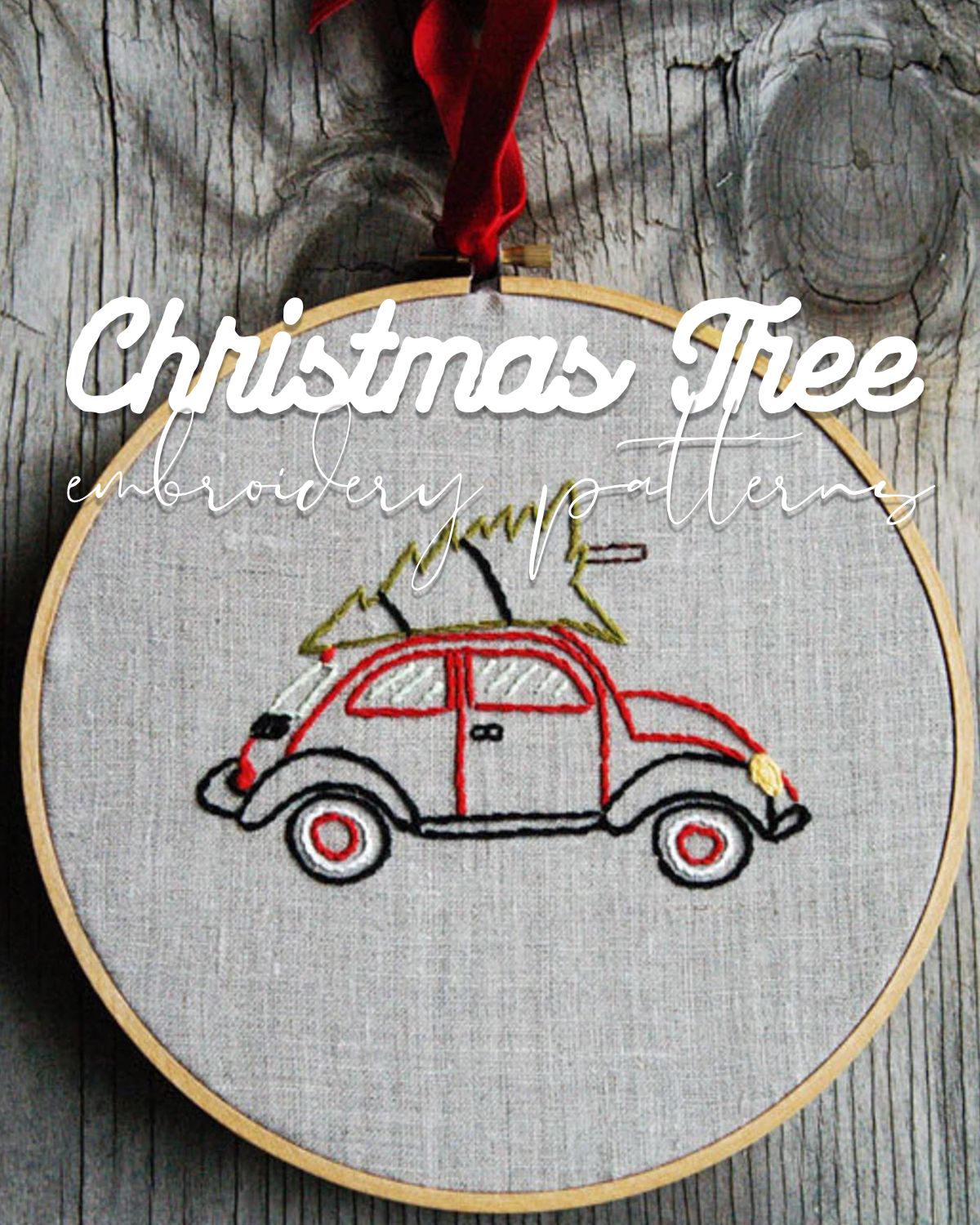 Embroidery hoop of the classic Christmas red car with a tree on top