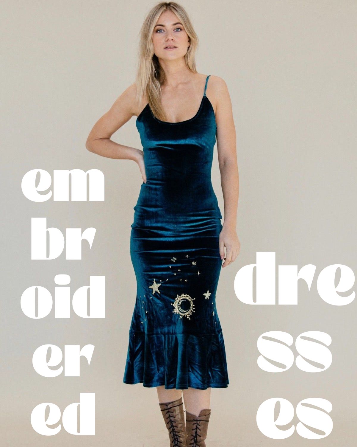 DIY blue velvet dress with celestial embroidery