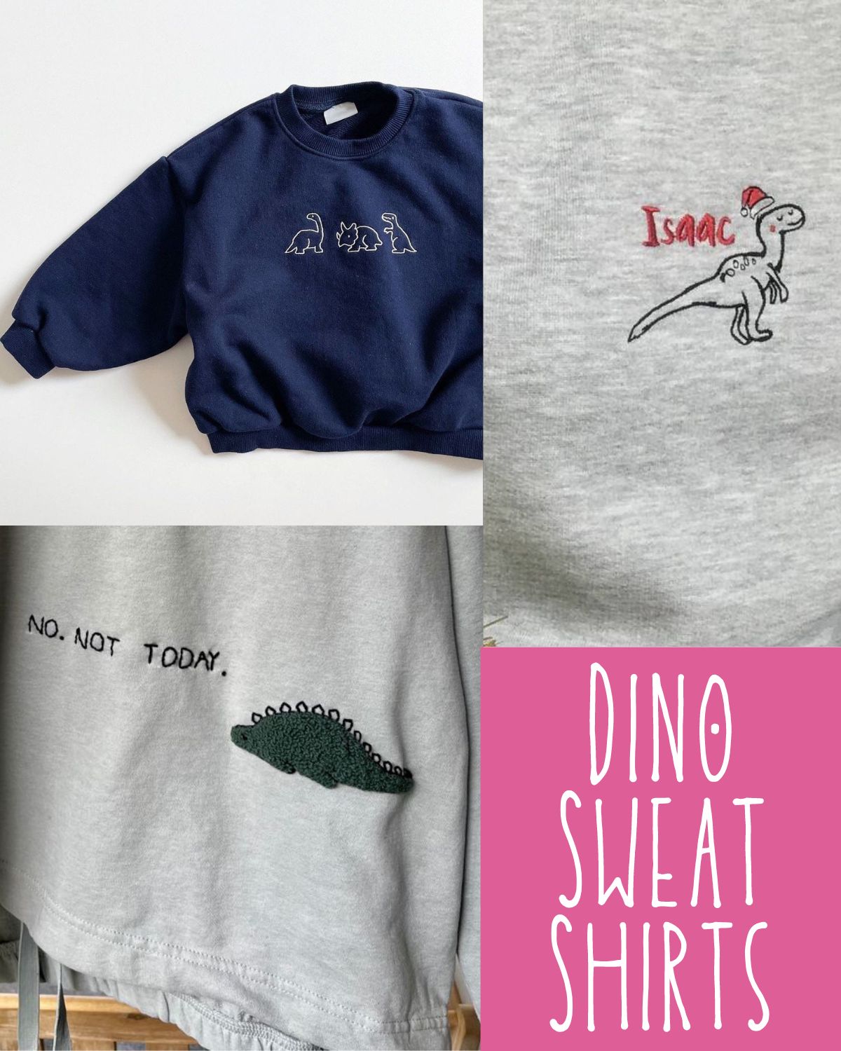 Three sweatshirts with embroidered characters on it