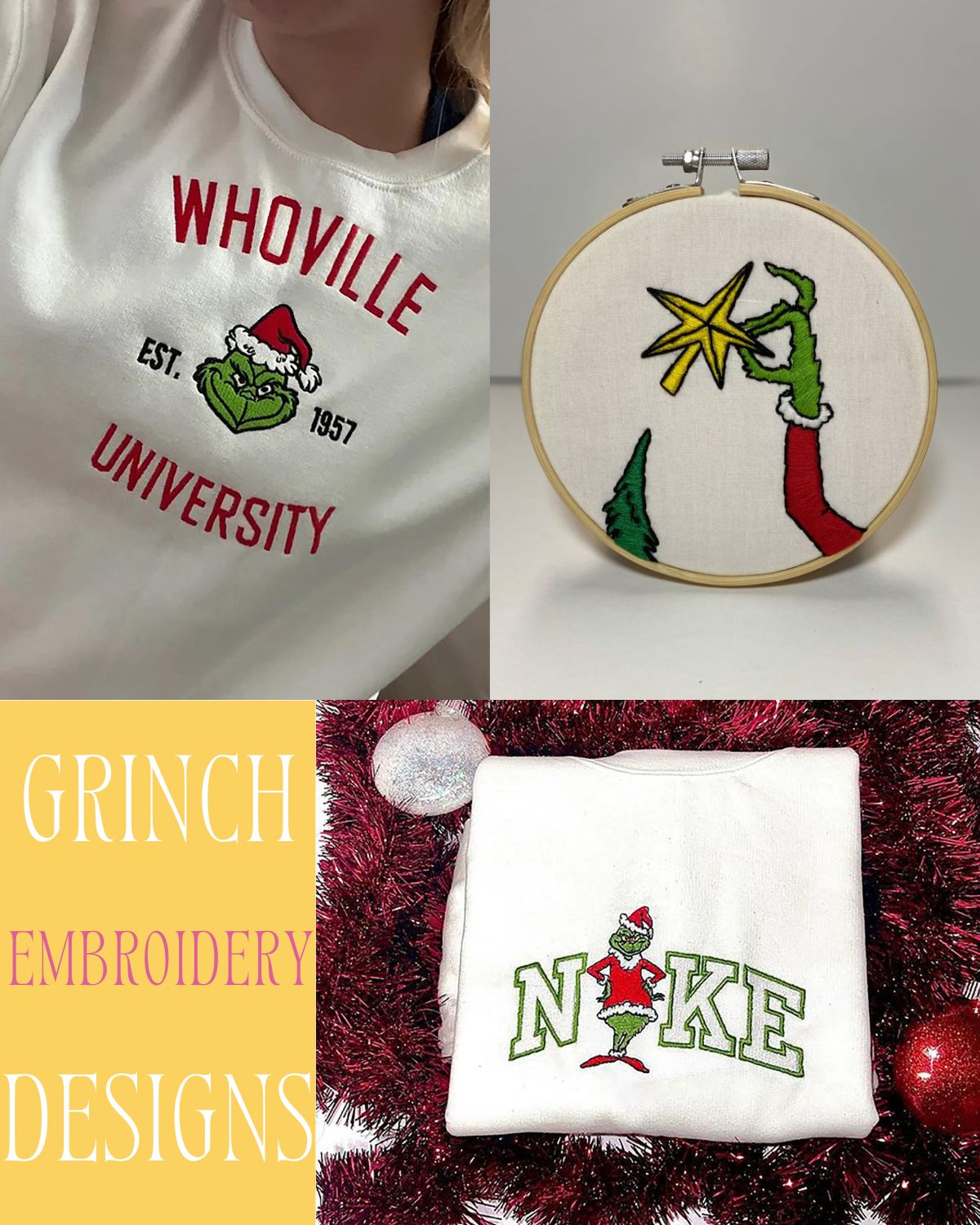 Three embroidery pieces with the Grinch