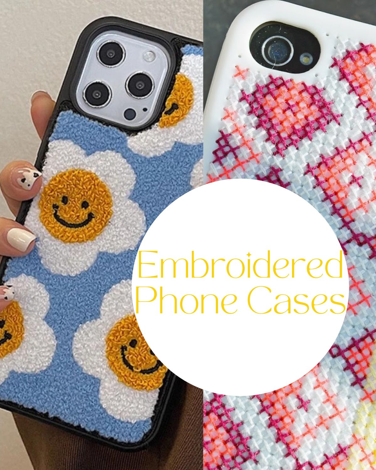 Two phone cases with cute stitched patterns