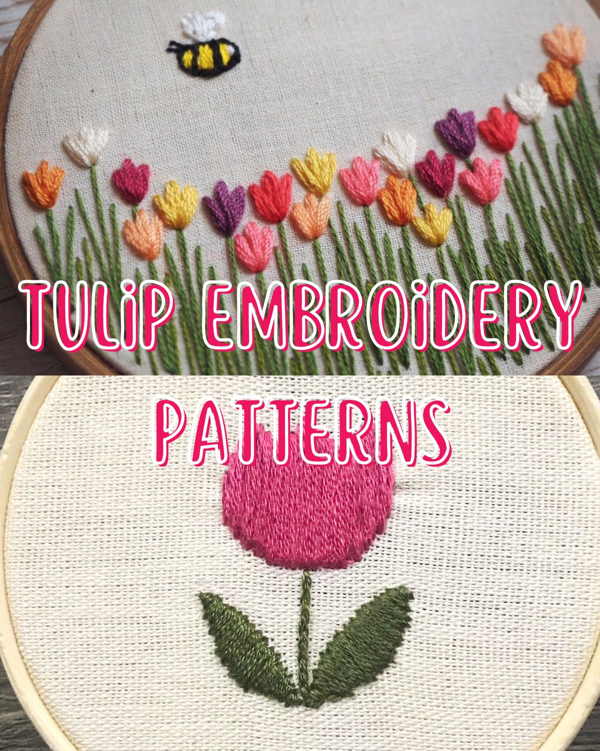 Two embroidery pieces that feature tulips 