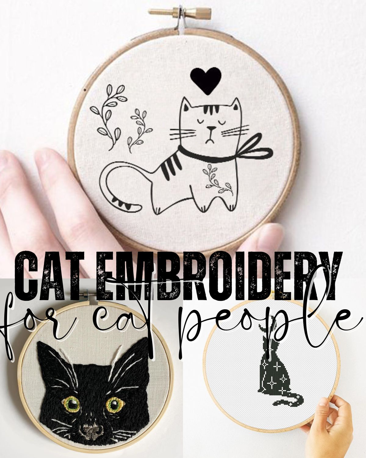 Three cat embroidery pieces