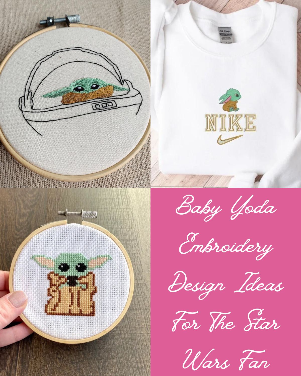 Three different embroidery projects that show Baby Yoda 