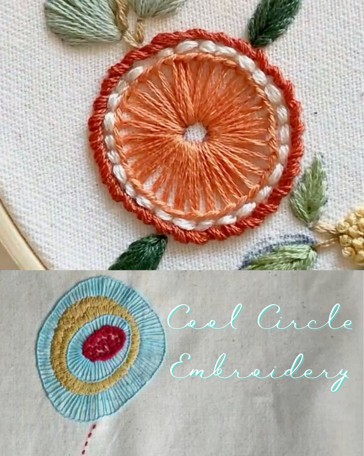 An embroidered orange and an embroidered funky flower
