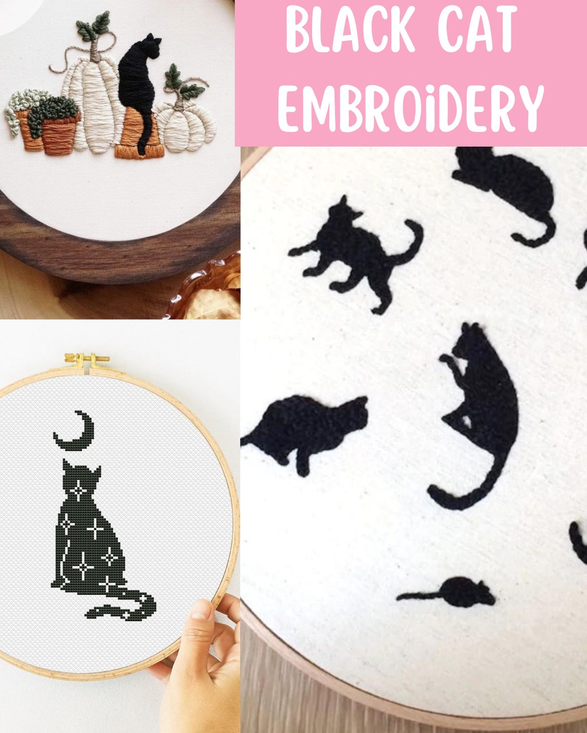 Black cats on embroidery pieces