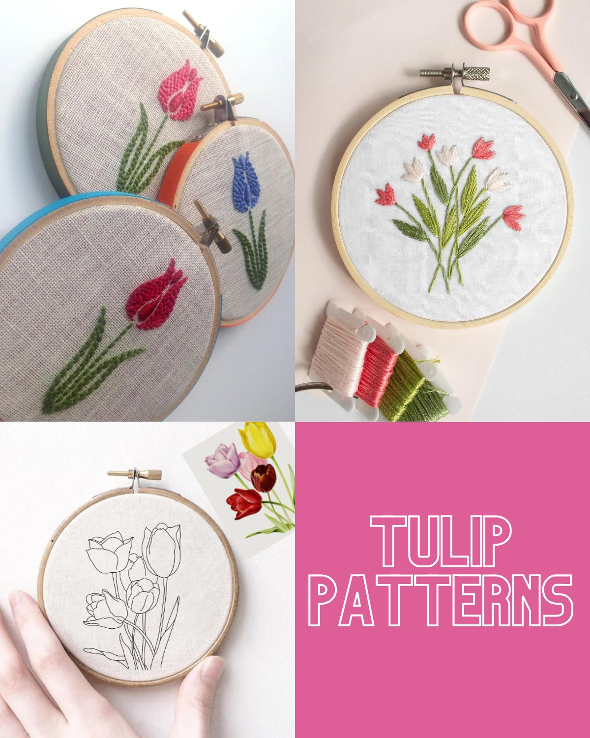 Three embroidery pieces of flowers