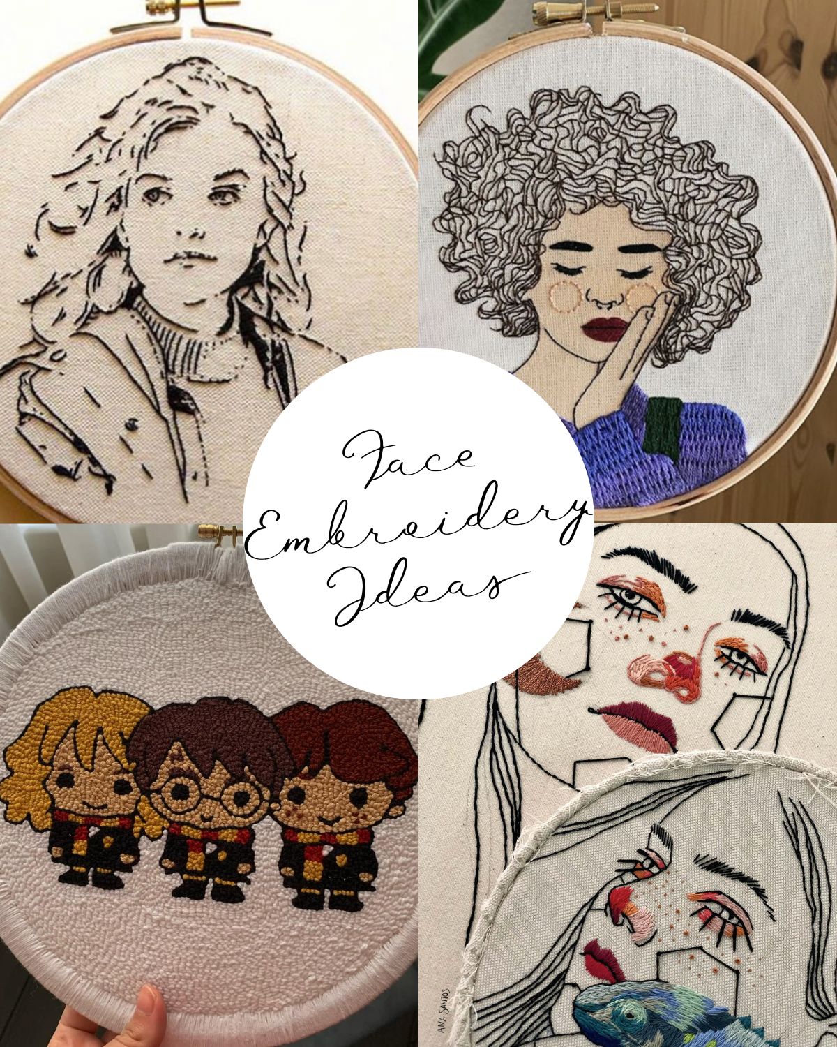 Four styles of embroidered faces