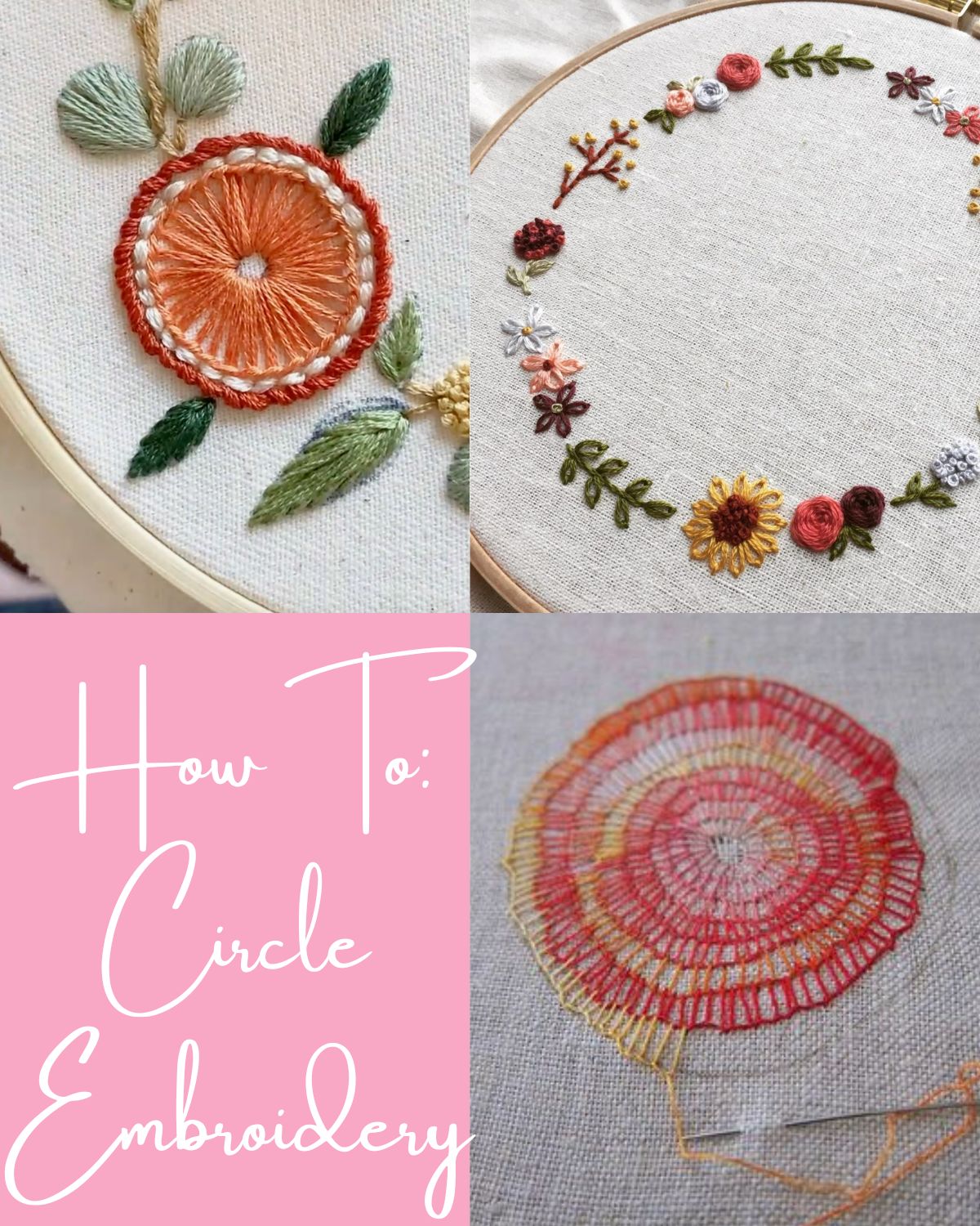 three different embroidery pieces with circles 