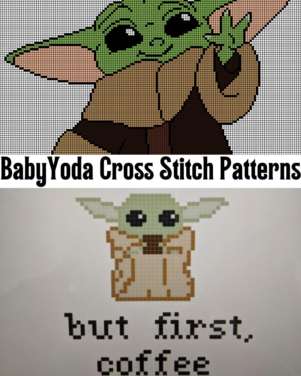 Two cross stitch patterns, one of Baby Yoda waving and one of him holding coffee.