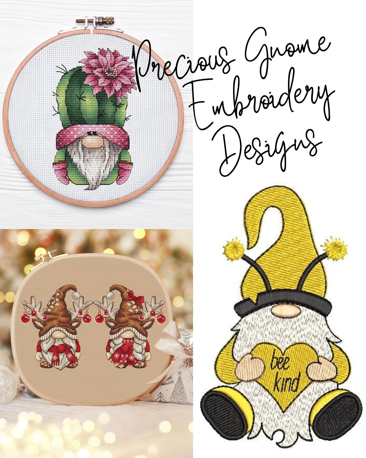 Three gnome embroidery designs 