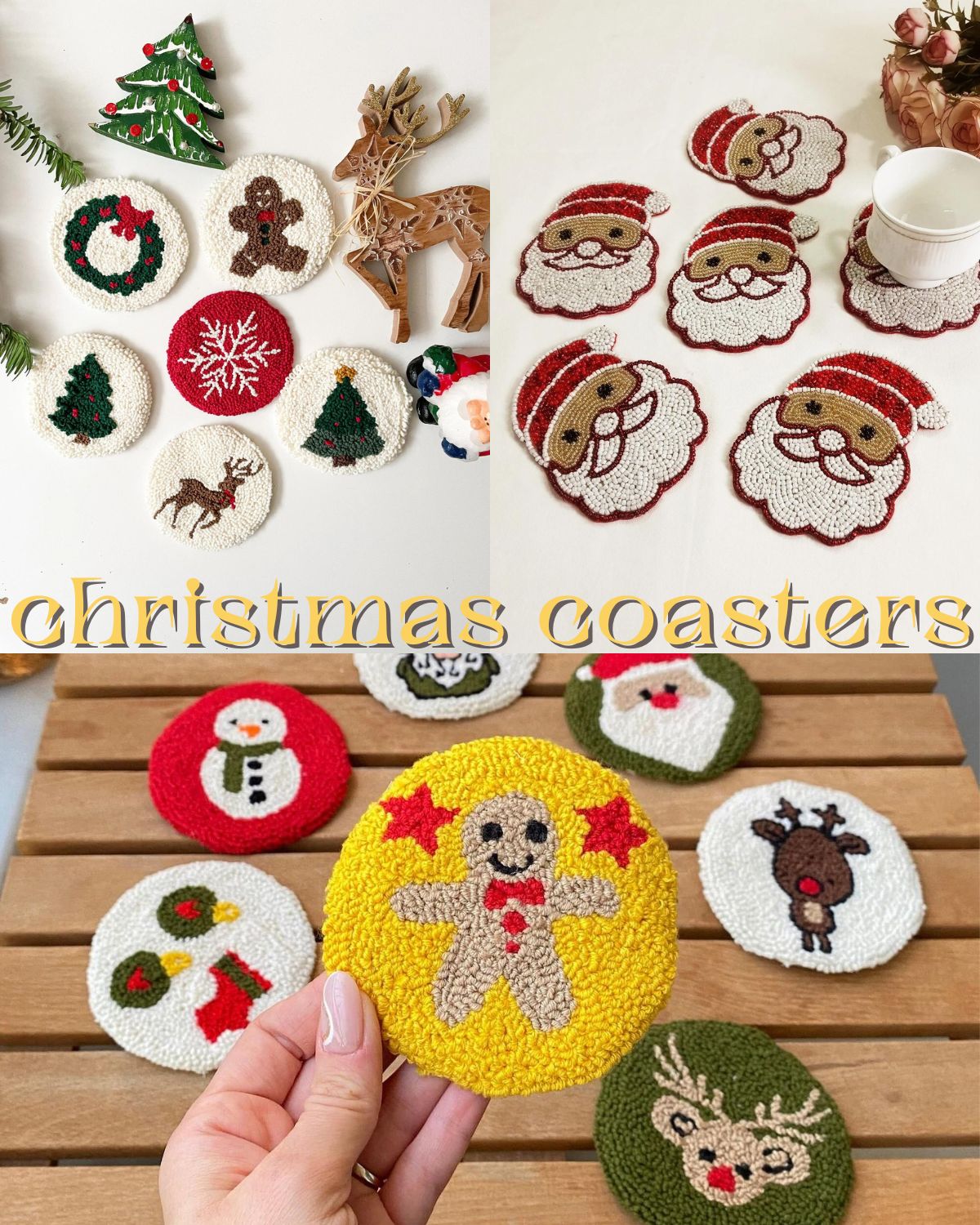 Three sets of handmade Christmas coasters 