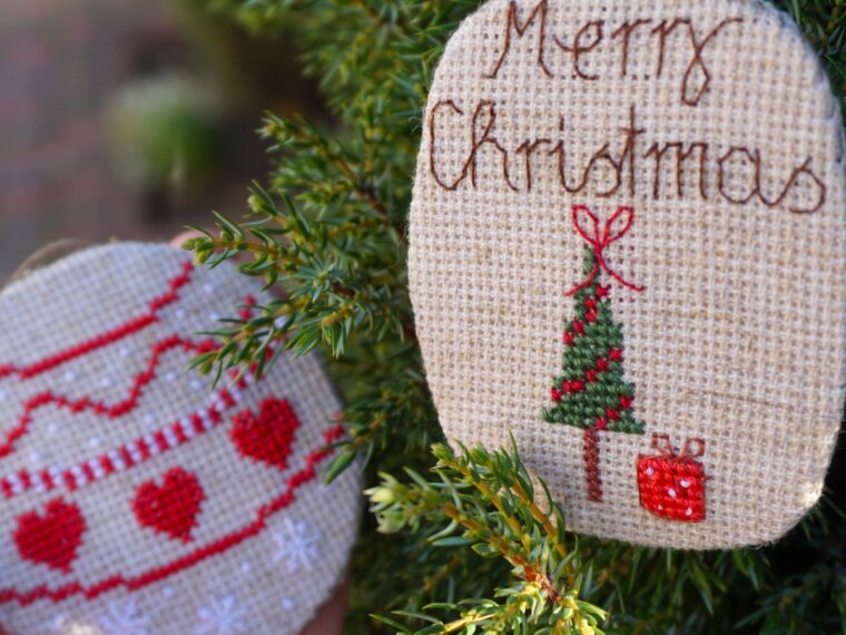 Two Christmas embroidery ornaments