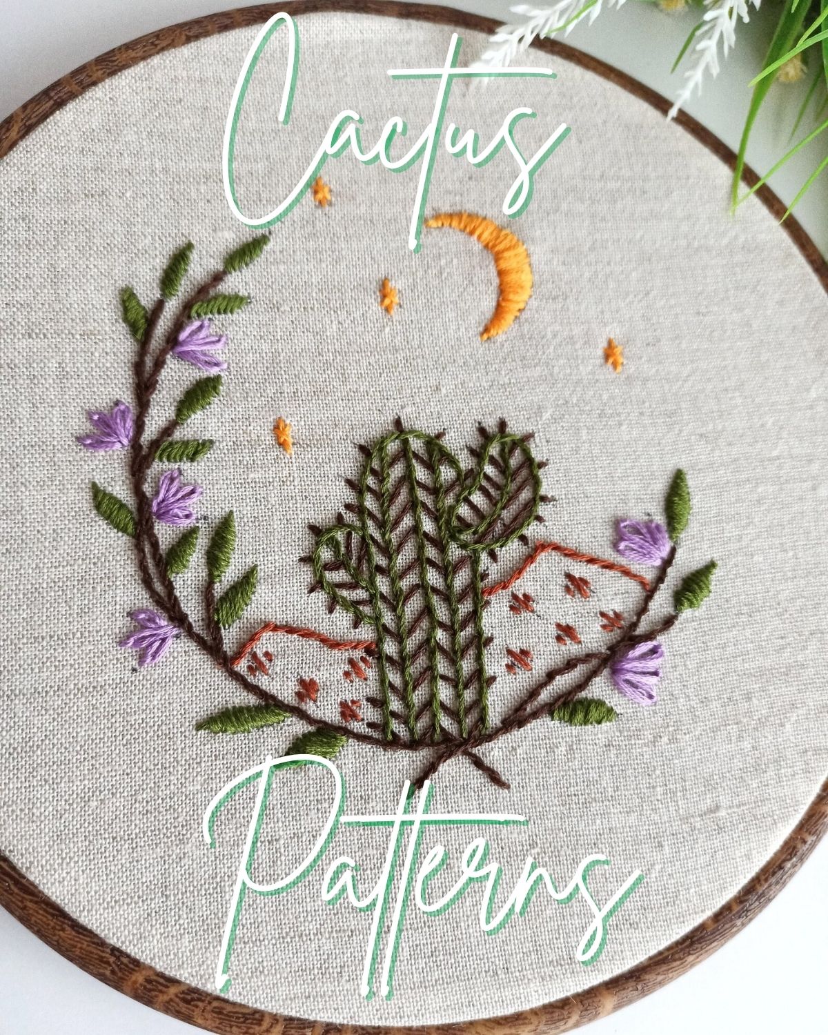 A cactus and a moon embroidery piece