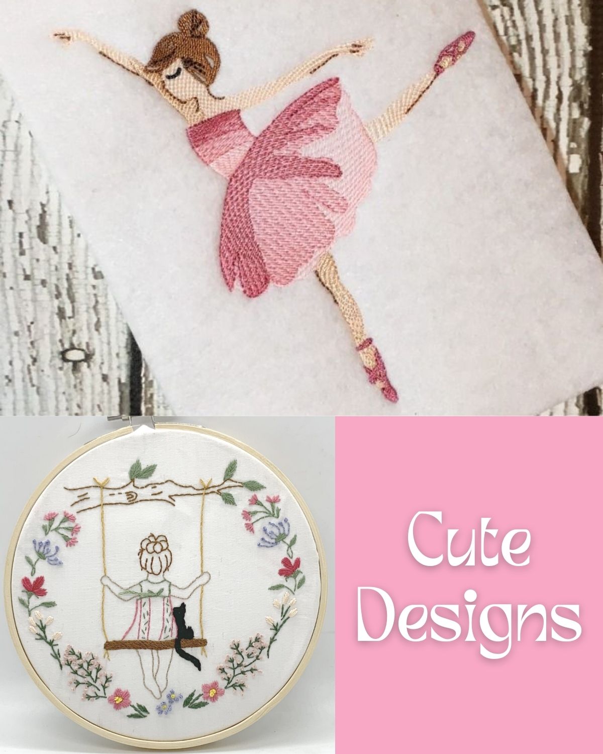 Embroidery pieces with a girl on a swing and with a ballerina 